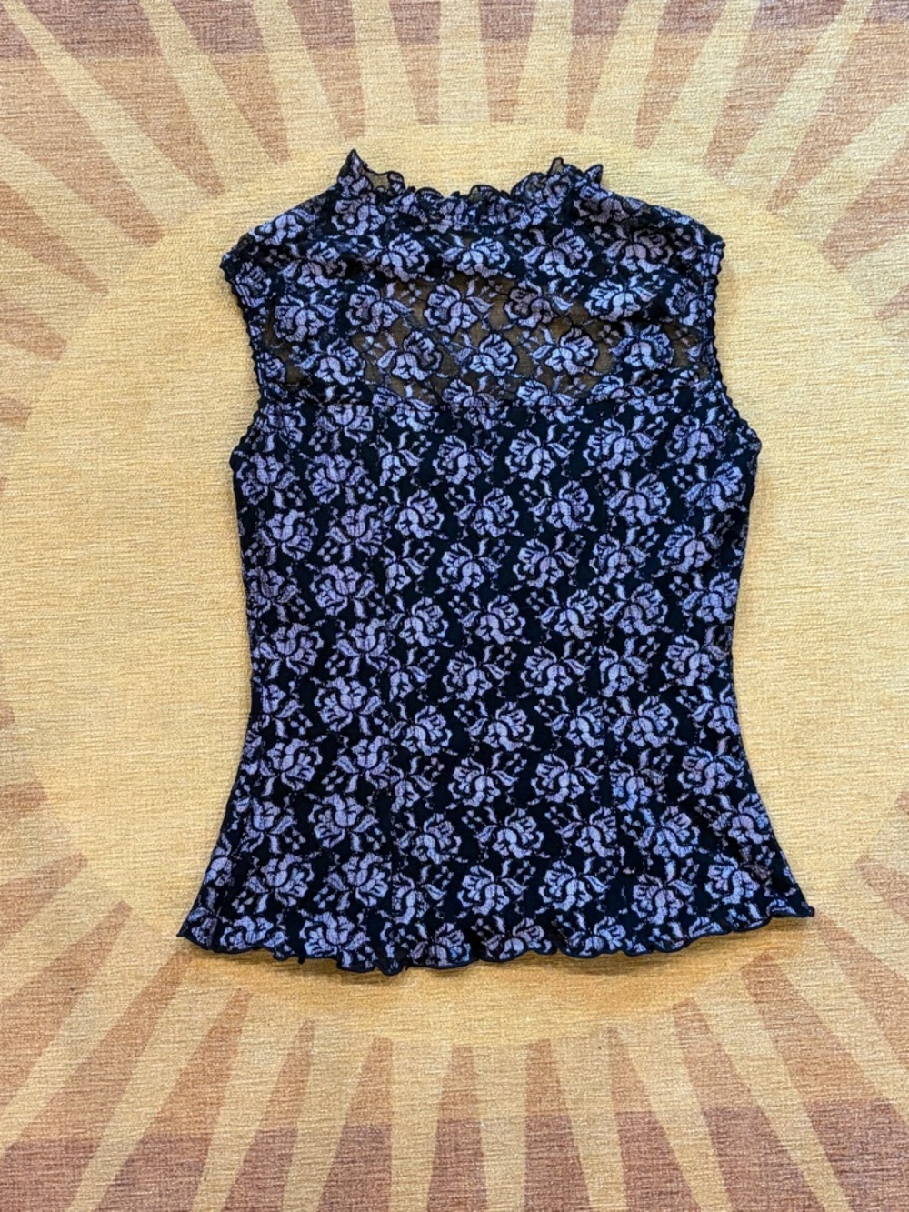 Vintage Sleeveless Black Lace Floral Shell Top - Elegant Layering Piece